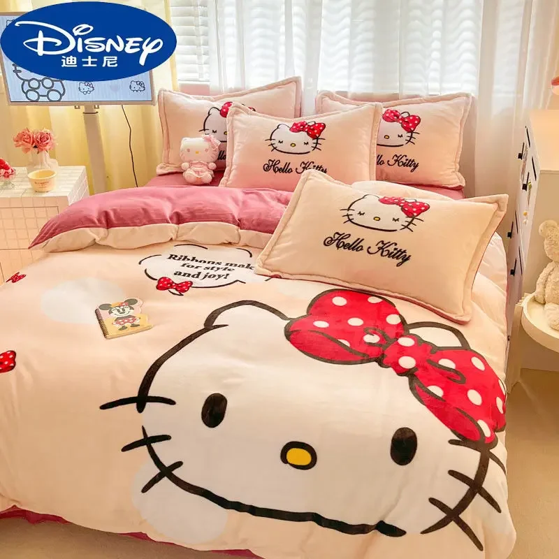 Sweet and cute Hello kitty creative cartoon printed soft and skin-friendly milk velvet bed sheet and quilt cover four-piece set