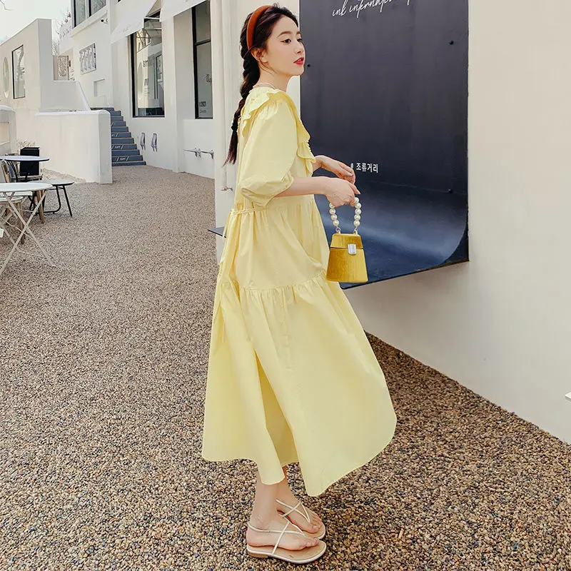 Summer Korean Pleated Solid Color O-neck Puff Sleeve Midi Dress Femme Sweet Patchwork Loose Casual Dresses Women Clothing Dress