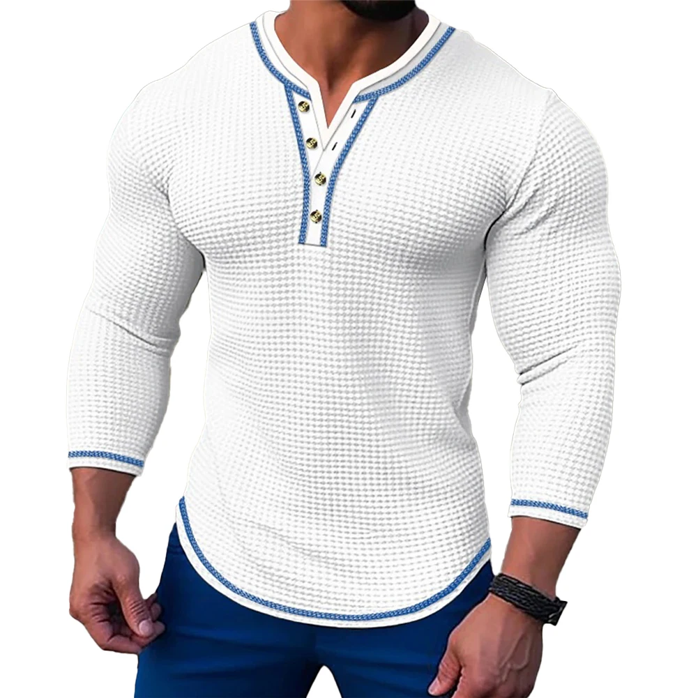Casual Man Waffle T-Shirt Buttons Henley Collar Long Sleeve Solid Color Pullover T Shirt For Men Tees Tops Clothing