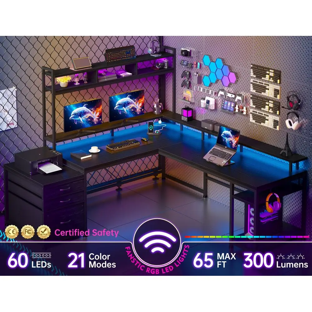 Shaped Desk with Hutch and Drawers, Reversible Gaming Desk with Power Outlet amp Monitor Stand amp LED Lights, Computer Corner D