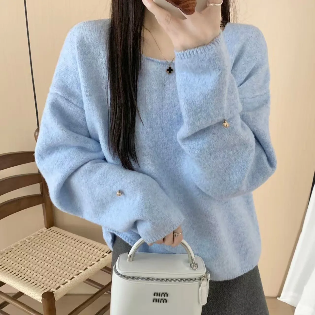 

Long Sleeve round Neck Midweight Autumn Wint Ladies' Knitted Sweater Loose Fit Overhead Pure Color Versatile Top Cotton Blend