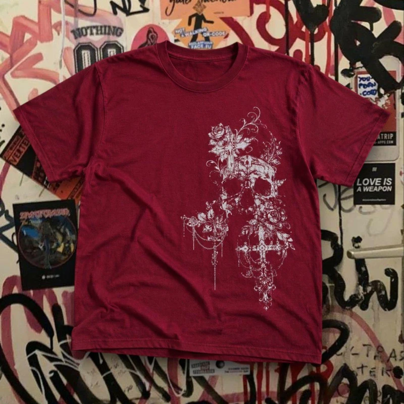 Gothic Skull Print T-shirt, Retro Cherry Red Unisex Shirt Round Neck Short Sleeve Loose Casual Retro Print Street Style