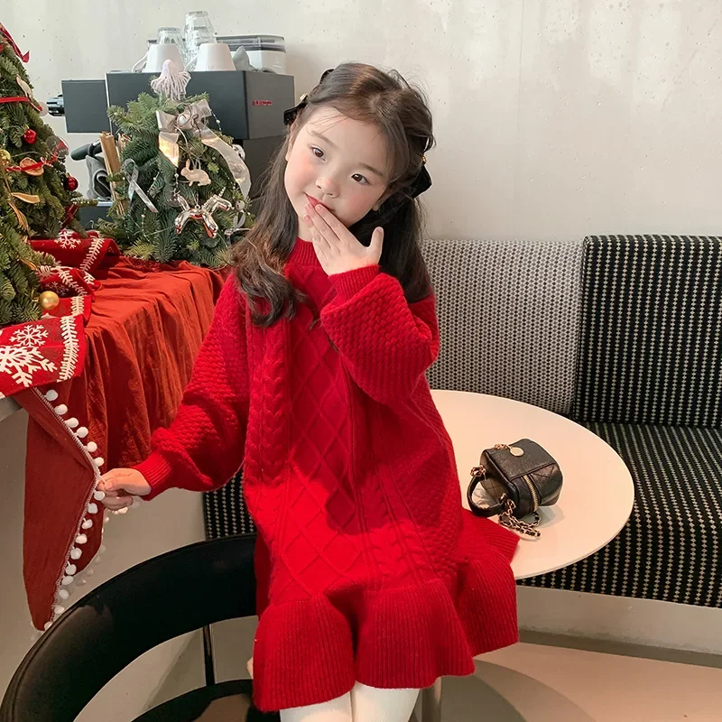 Winter Children'S Clothing Girls New Year Temperament Twist Knitted Fishtail Dress Sweater Tide