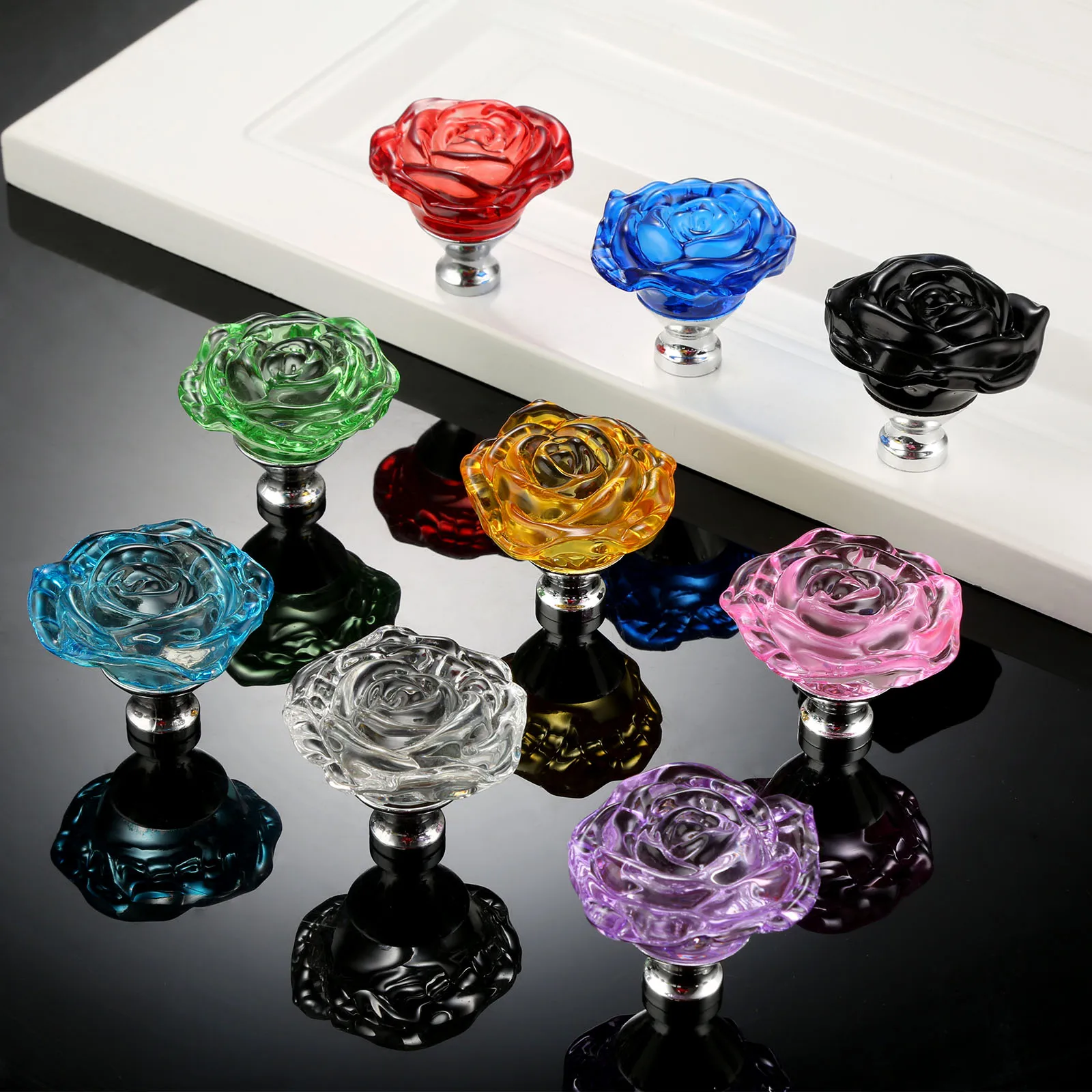 DRELD 1pc 50mm Crystal Rose Glass Clear Knob Furniture Kitchen Drawer Cabinets Handles Dresser Closet Pulls Furniture Hardware