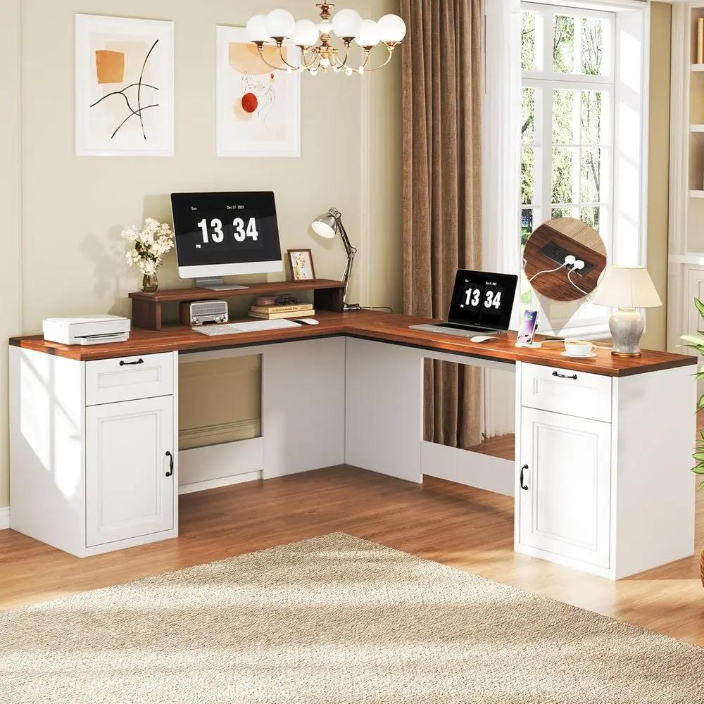 

78 Antique White L-Shaped Desk with Drawers, Modern Office Desk featuring Power Outlets, Storage Cabinet, Monitor Stand, and Pri
