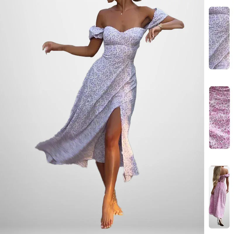 

Summer New Women Elegant Floral Slit Off Shoulder Long Dress Soft Light Breathable Chic Daily Casual Beach Outdoor Holiday Wear