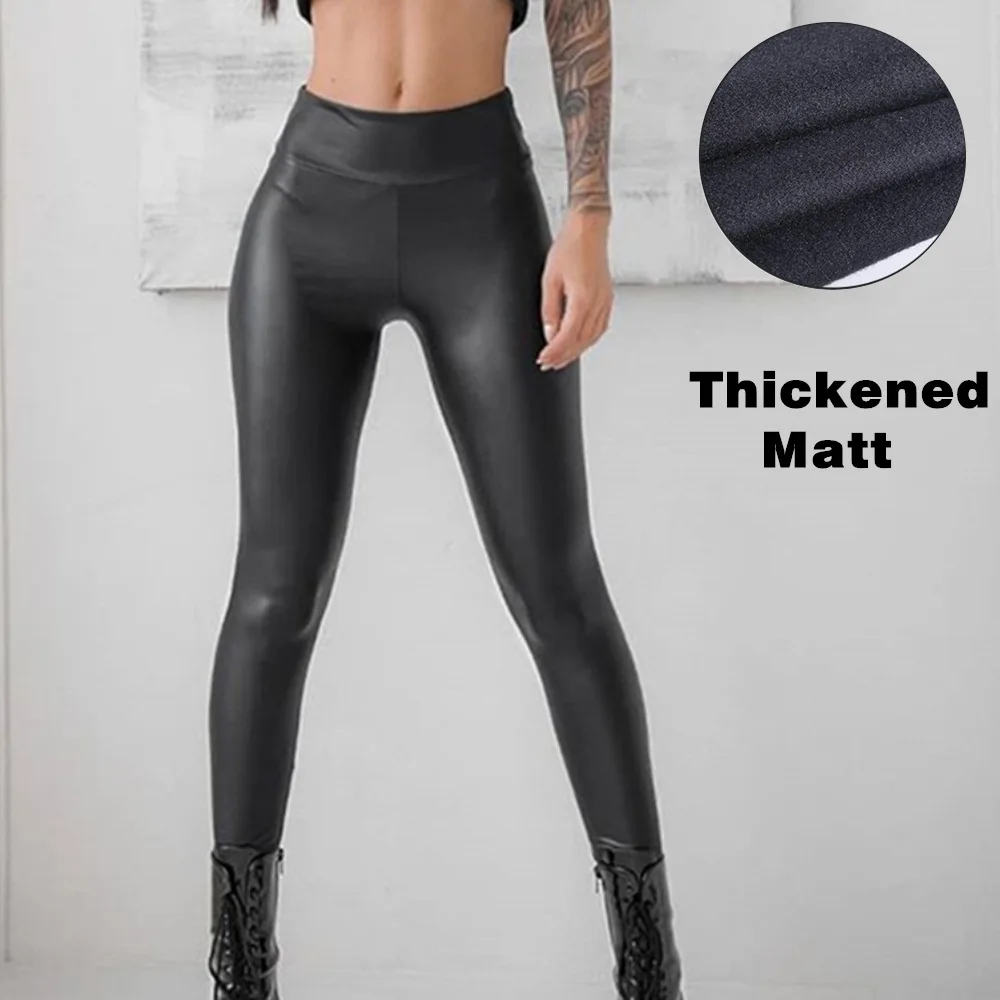 Women Fashion PU Leather Pants Stretchy High Waist Leggings Stretchy Sexy Fitness Push Up Slim Pants Wet Look Clubwear Black