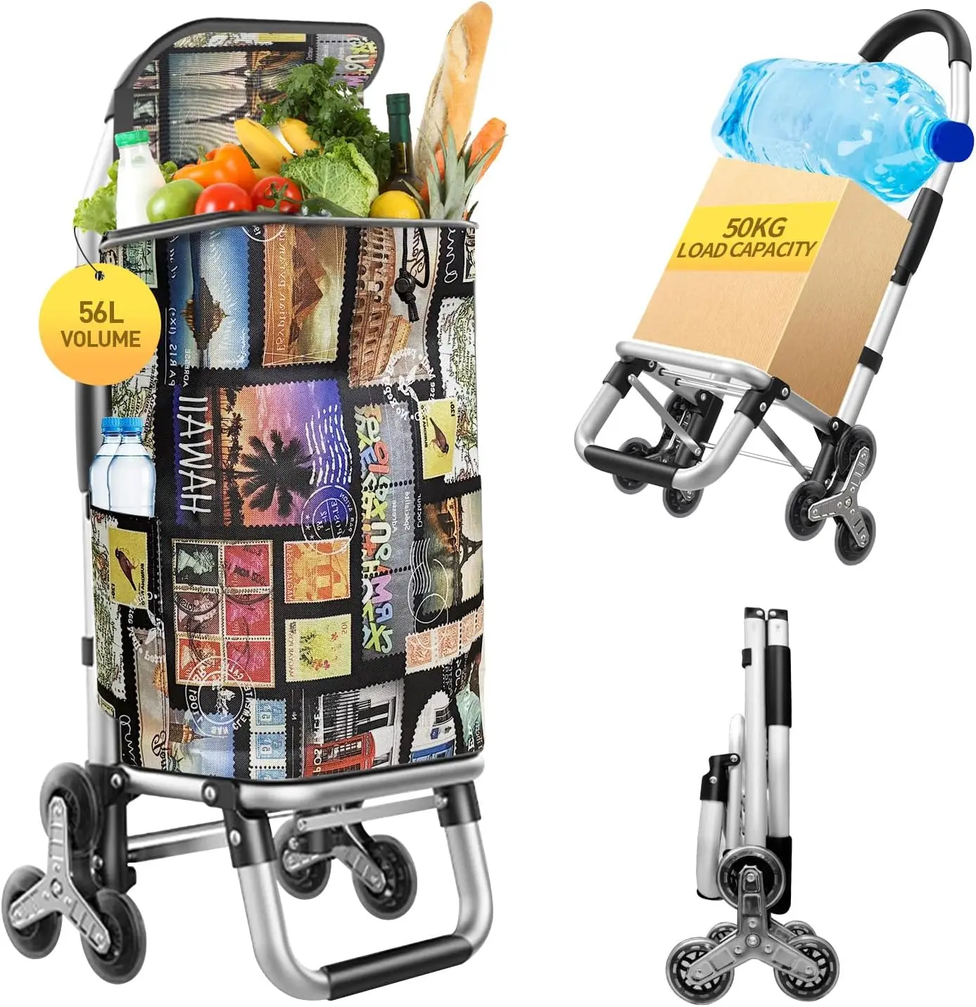 

Усиленная тележка для покупок 3-в-1, складная ручная тележка с 6 колесами, грузоподъемность 50 кг, портативная универсальная тележка-платформа