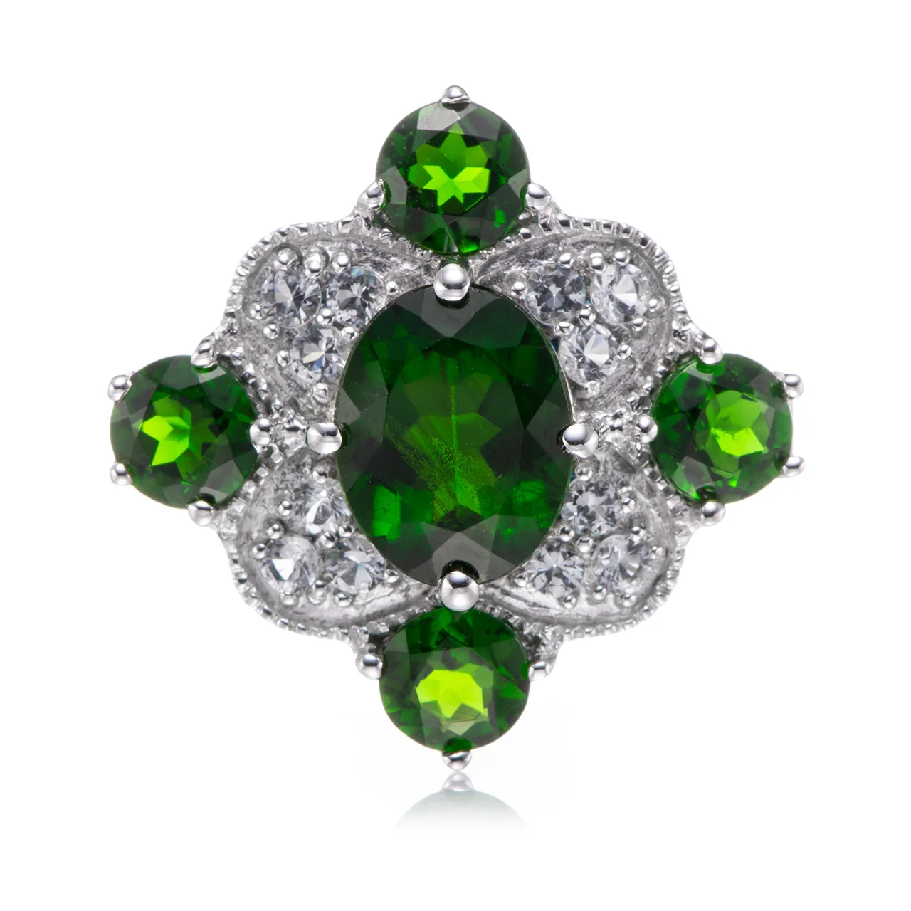 

8x10mm Chrome diopside and White Topaz Rhodium Over Sterling Silver Ring