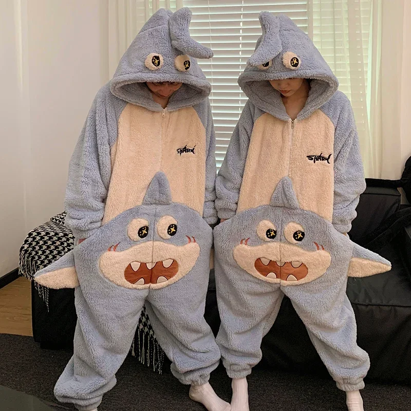 Kigurumis Whale Sleepwear Women Men Pajamas Onesie Winter Thicken Pyjama Jumpsuit Kawaii Zipper One-piece  Couples Unisex Suit