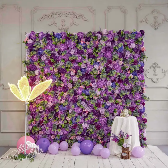 

3D Royal Series Purple rose green leaves mixed flower wall Cloth Rolling Up Arrangement Wedding Backdrop Deco Hanging Fabric