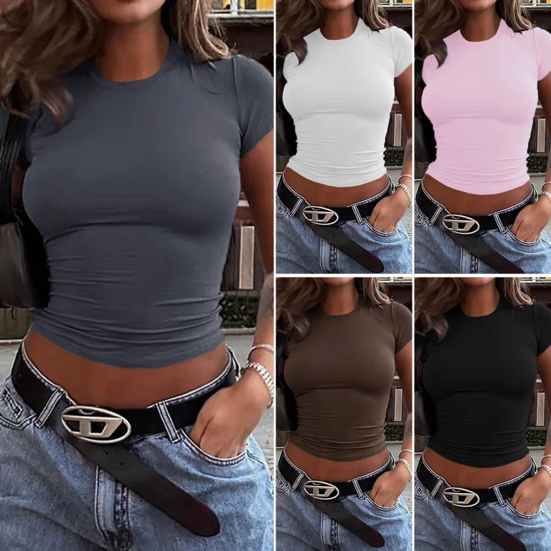 

Women'S Solid Color Top, Waist Cinching Short Style, Slim Fit, Exposed Navel T-Shirt