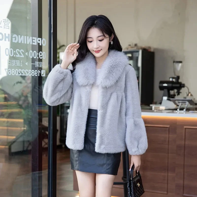 Fashion Faux Fur Coat Women's Mink Fur Short Overcoat Double-faced Fur Jackets Fox Fur-collar Streetwear Outerwear Autumn Winter