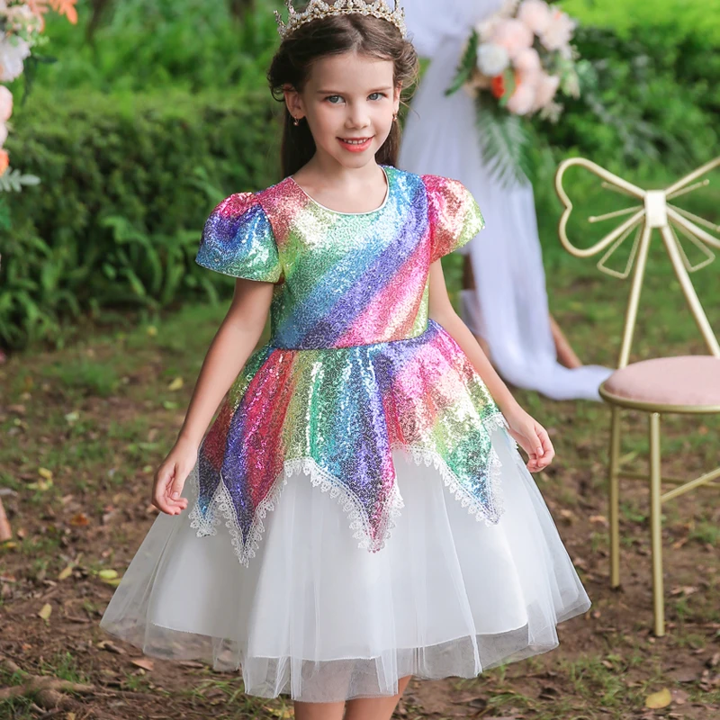 

2022 New Children's Grils Princess Dress Fashion kid Clothing Rainbow Wedding Bridesmaid Vestidos Birthday Halloeen 5 to10 Years