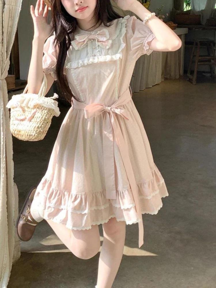 Letnia Słodka Różowa Sukienka z Bufiastymi Rękawami i Kokardą Damska Projekt Casual Nowe Sukienki Patchwork Elegancka Nowa Moda Sukienki Krótkie w Linii A