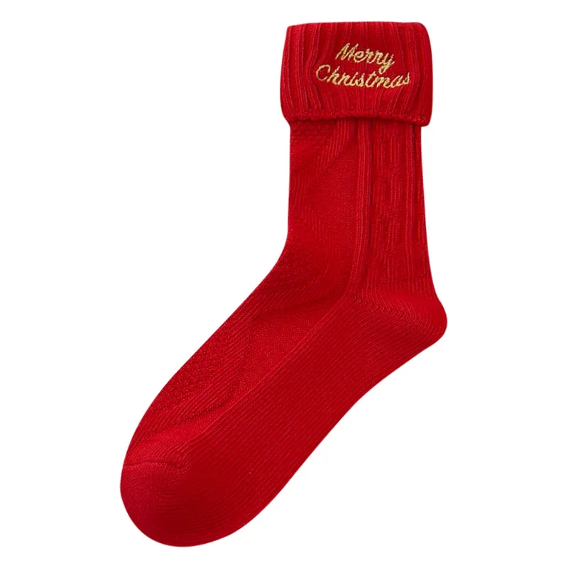 Meias de natal femininas outono inverno bonito mid-tube meias grande vermelho ano novo meias de algodão japonês bonito bordado dos desenhos animados meias