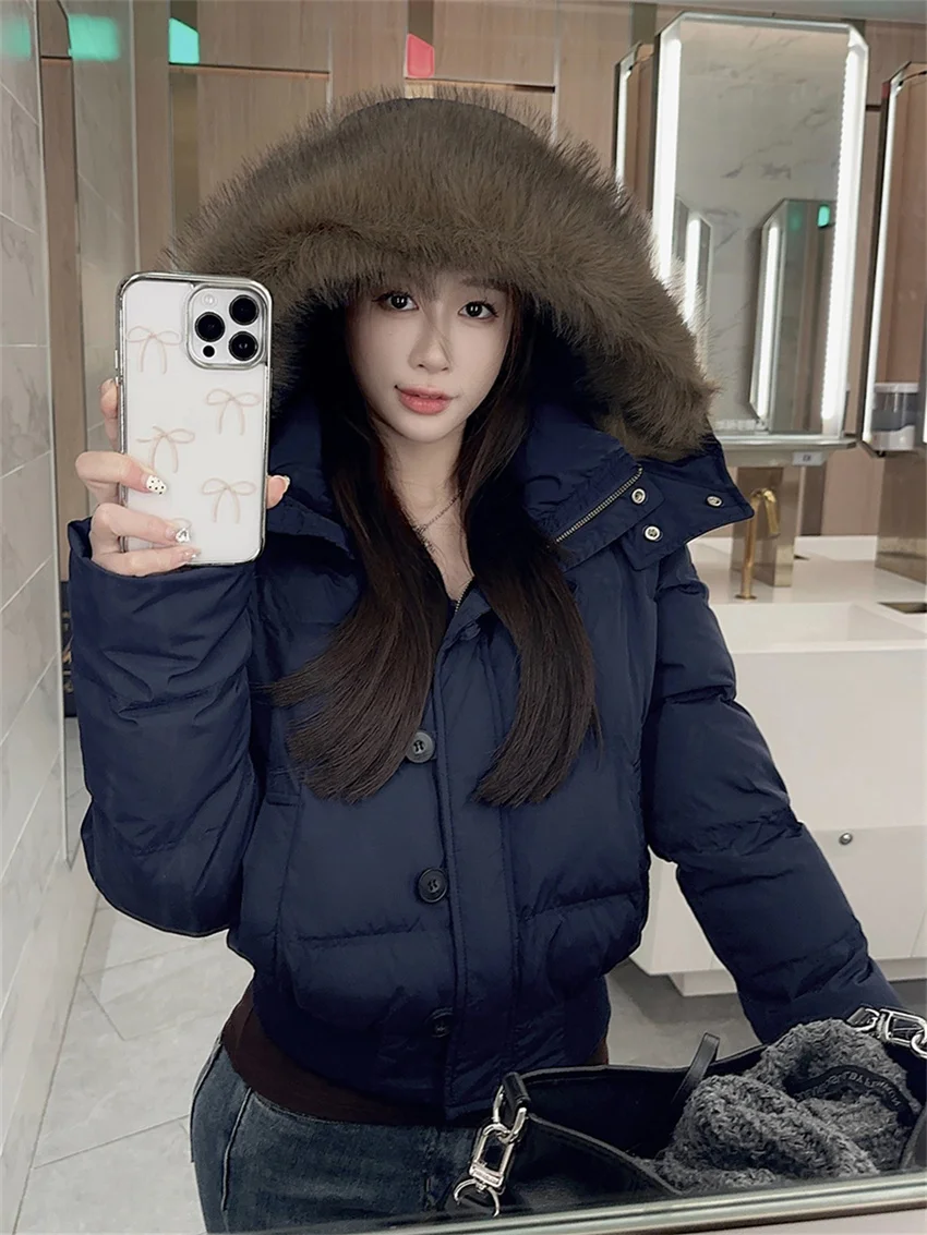 PLAMTEE Dark Blue Cotton Jackets Chic Loose Hooded Parkas Solid New Women 2025 OL Slim Fashion Winter Office Lady High Street