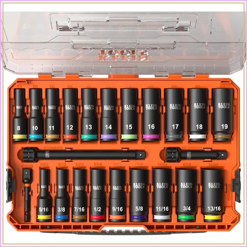 3/8-Inch Drive Impact Socket Set, SAE & Metric, 23-Piece Deep-Well Set with Adapters & Organizer