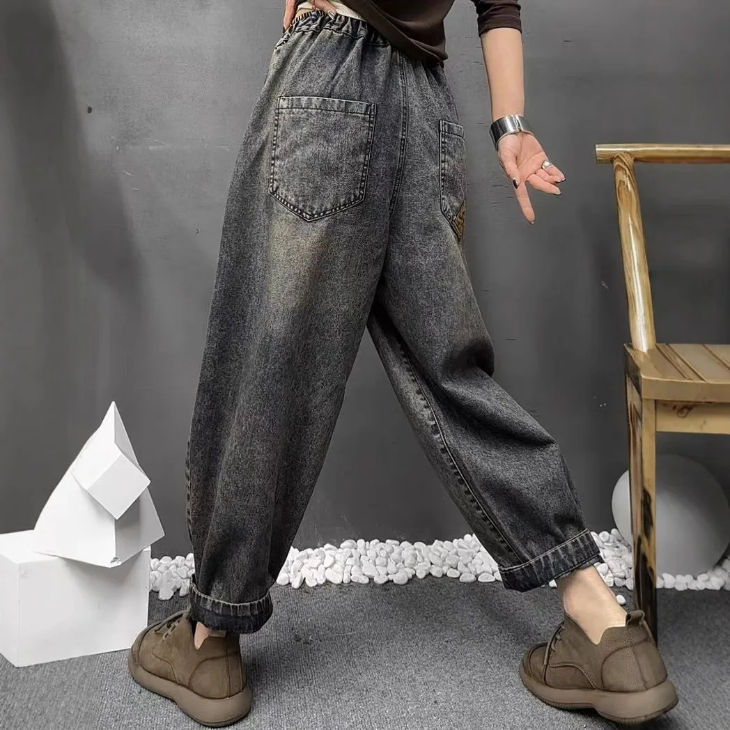 New spring vintage distressed loose casual embroidery floral jeans elastic waist plus size harem pants