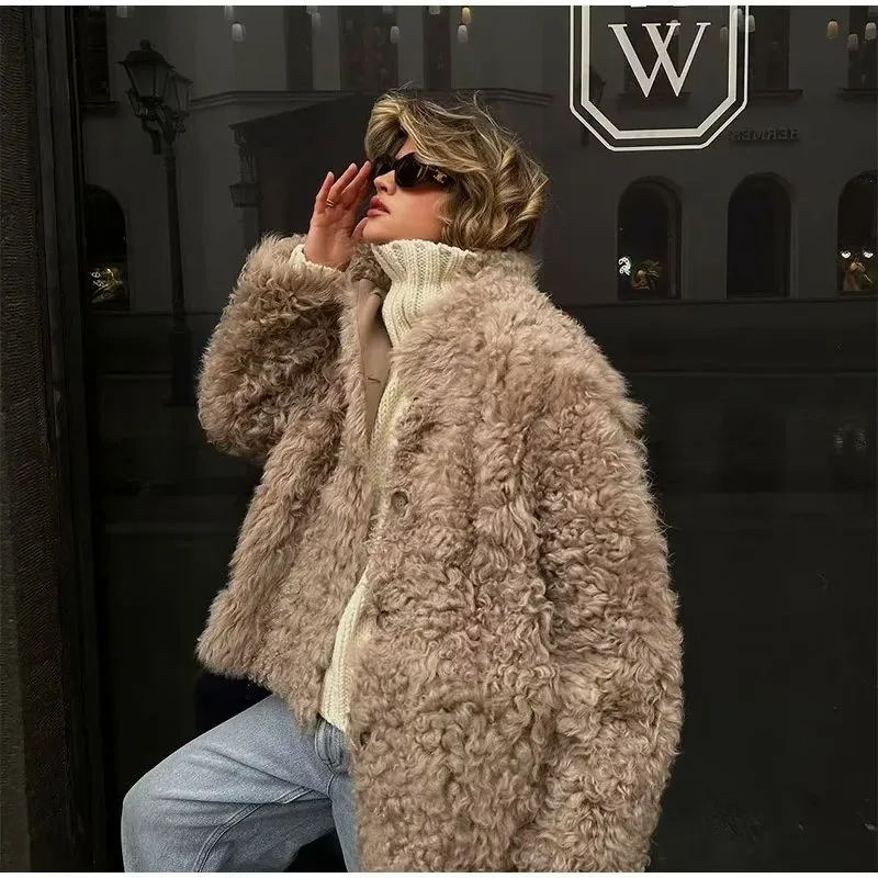 Autumn Winter Vintage Faux Fur Coat Women Elegant Fashion Solid Long Sleeve Stand Collar Single Breasted Tops Female Overcoats