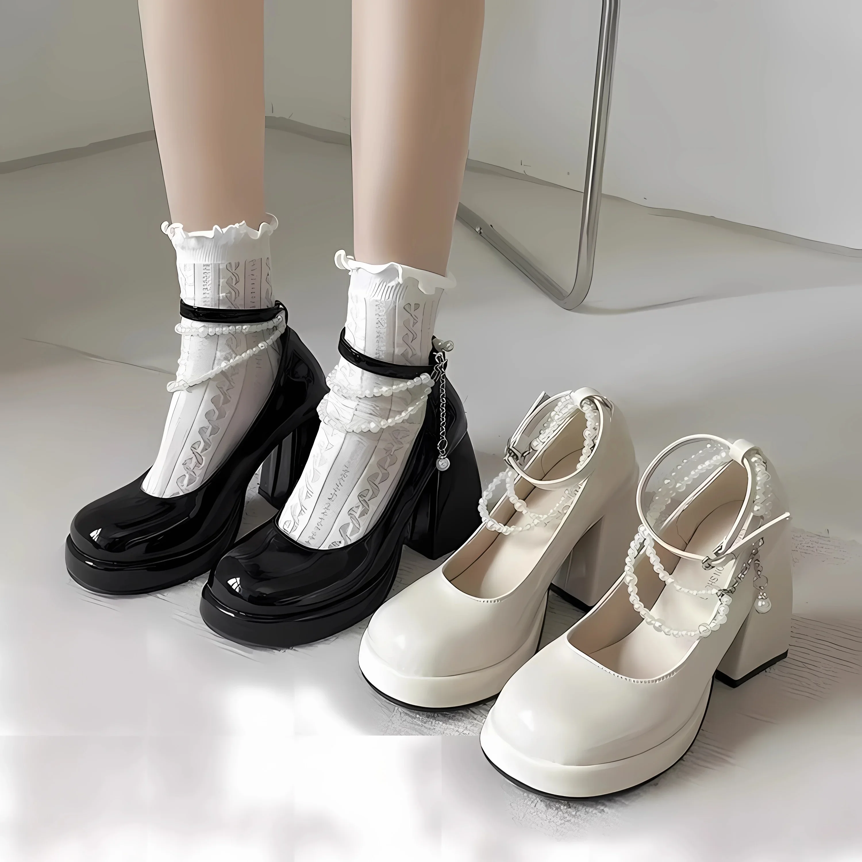 Fashion Ankle Strap Pearl Pumps for Women New High Heels Platform Mary Janes Woan Round Toe Thick Heel Party Shoes Female