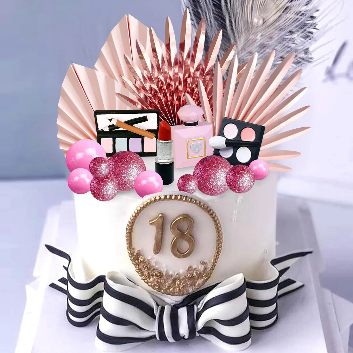 Adornos de pastel de maquillaje de lujo, decoraciones de fiesta glamurosas, adornos para tarta de cumpleaños de niña rosa, bolas, hojas de palma, adorno para tarta, fiesta de cumpleaños