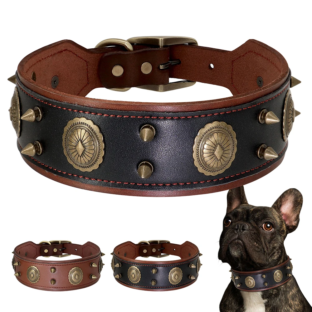 

Super Cool Pet Dog Collar Genuine Leather Spiked Studded Collars Adjustable Big Dog Collar For Medium Large Dogs Pitbull Correa