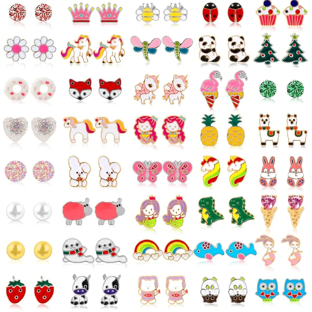 

32/40 пар гипоаллергенных сережек-гвоздиков для девочек и детей, набор сережек-гвоздиков из нержавеющей стали, яркие цвета и разнообразные стили, милые.