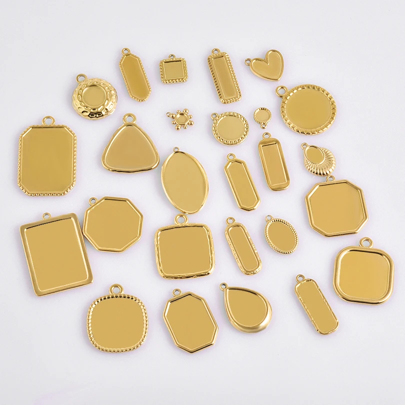 6pcs Blank Settings Cabochon Pendants Round Rectangle Square Charm Stainless Steel Charms For Jewelry Making Bulk DIY Necklaces