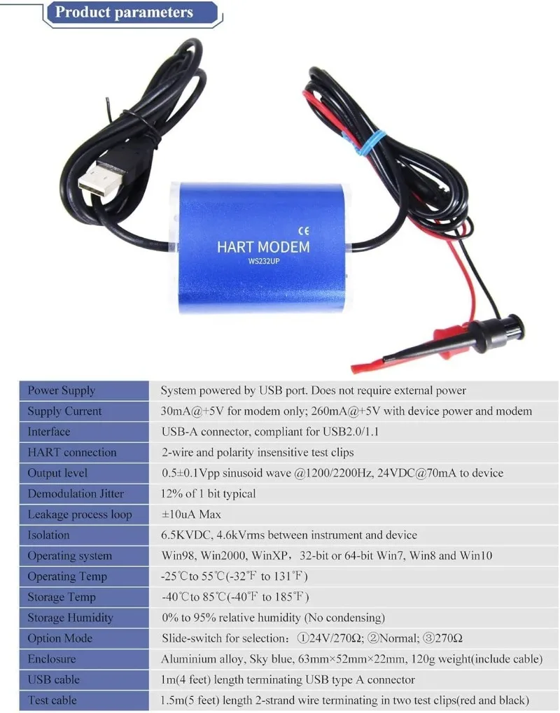 USB Hart Modem WS232UP，Hart‑USB Transmitter Built‑in 24VDC Loop Resistor，Replacement for Hart Communicator 475 375