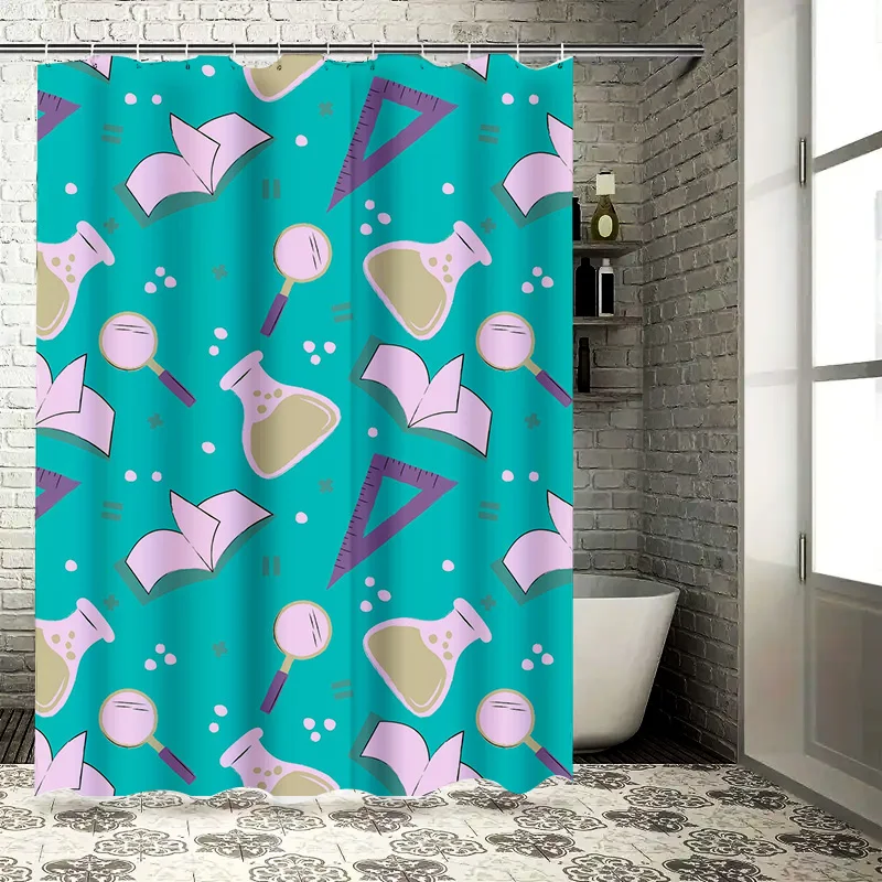 Charmful Science Classroom Decor Shower Curtain SetModern Design with Laboratory Flasks and Test Tubes Pattern Perfect for Kids
