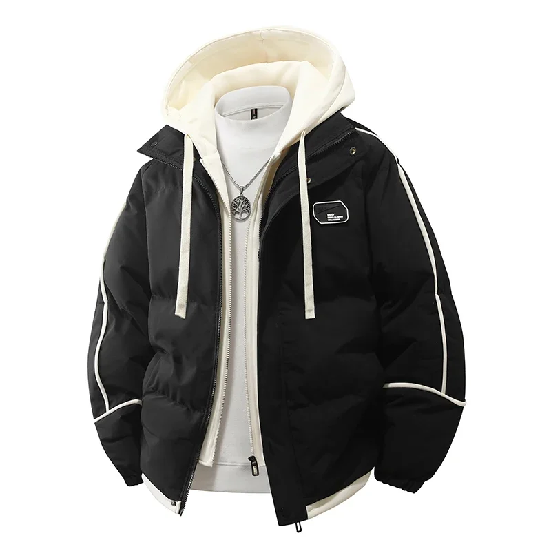 New Men's Warm Parkas Casual Cotton-Padded Jacket Winter Trendy Fake Two-piece Hooded Bread Coat Men Padded Puffer Jackets Coats
