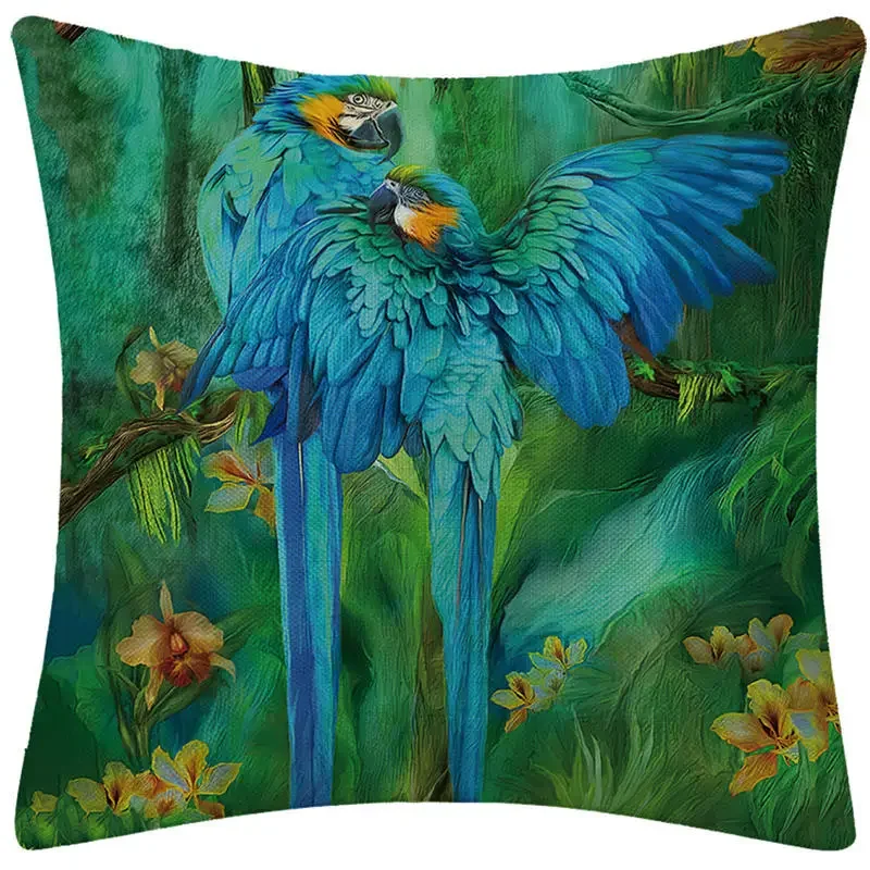 Parrot Toucan Couple Bird Decorative Throw Pillow Cushion Cover Tropical Plant Cotton Linen Pillowcase Decoration for Home Sofa