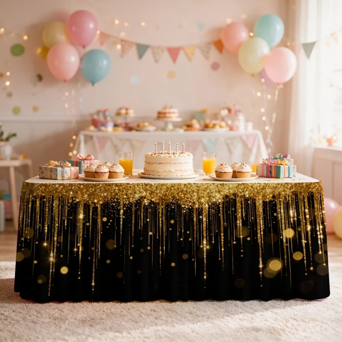 1 PC party table skirt, black and gold gilded cascading table skirt, luxurious and chic party style tablecloth and skirt