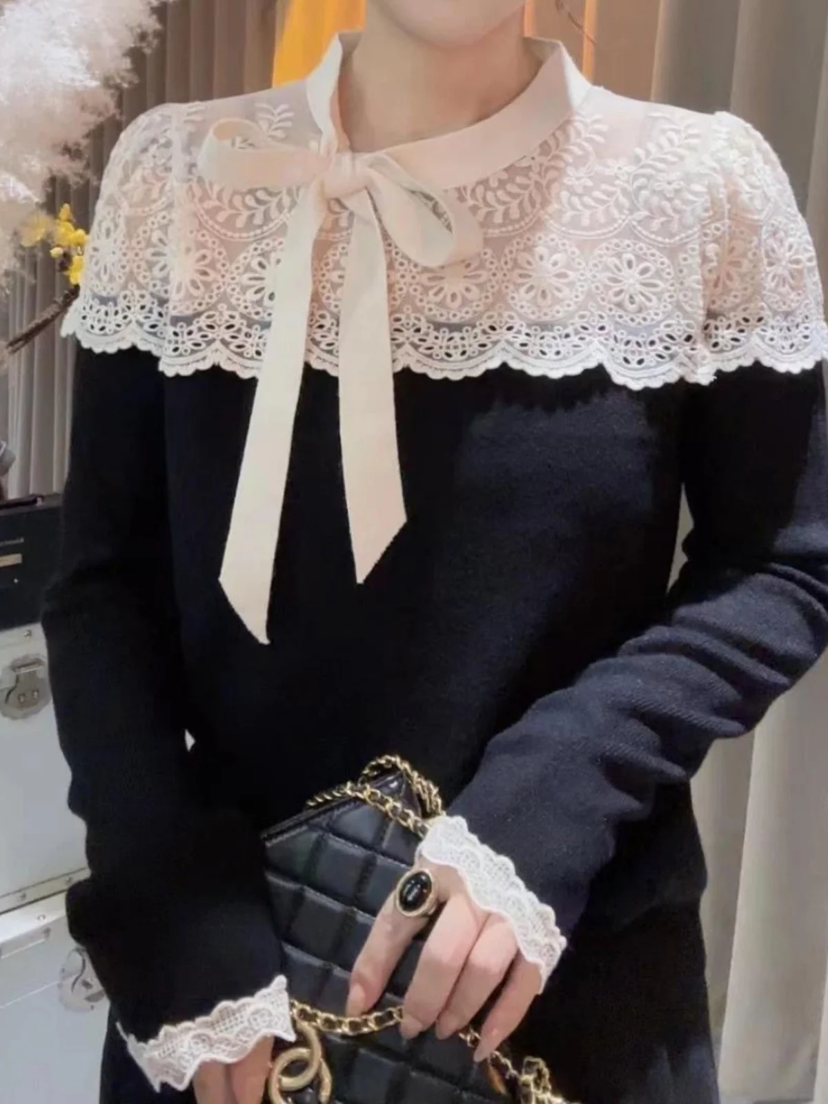 Slim Fit Long Sve Lace T-irt Women's Base Layer Top Design Sense Patchwork Autumn New Sle Small ence irt