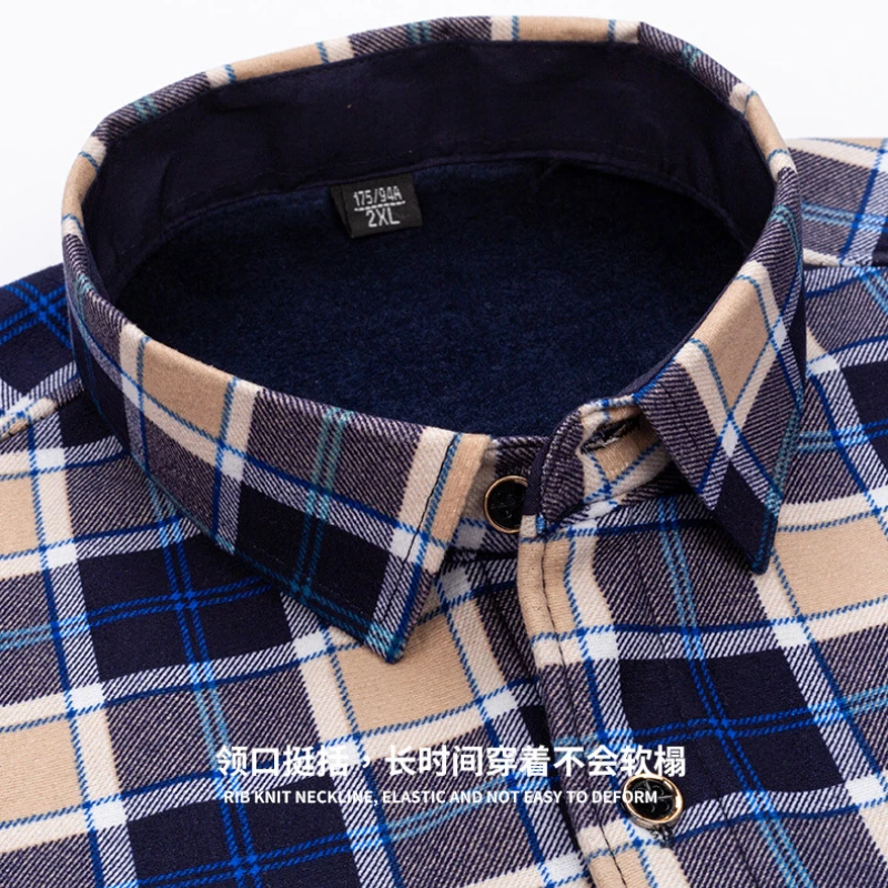 Autumn Winter Warm Plaid Shirts For Men Thick Velvet Long Sleeve Shirt Tops Slim Casual Business Male Jacket Thick Warm Outwear