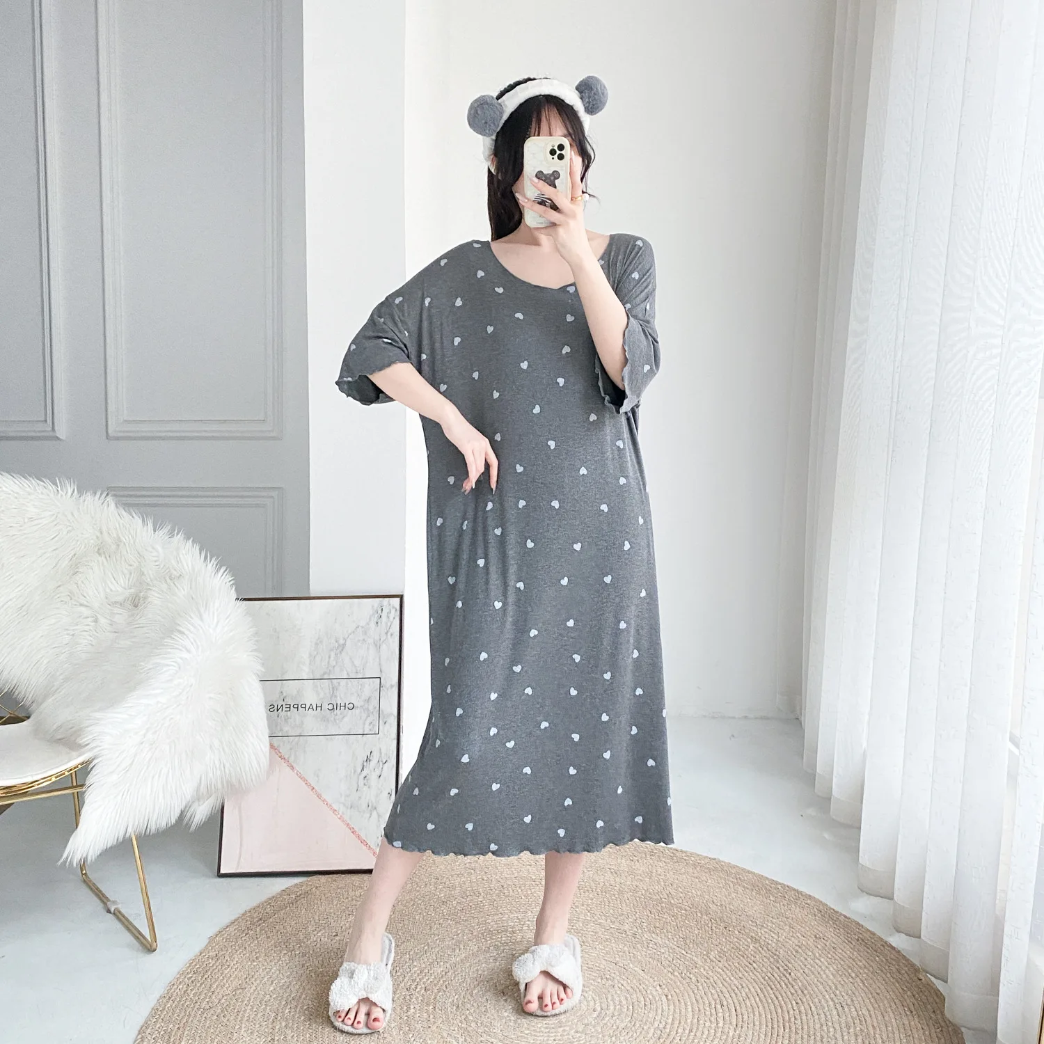 Oversized Women Heart Printing Nightdress Summer New Short Sleeve Ladies Sleepwear Loose Long Casual Pregnant Woman Nightgown