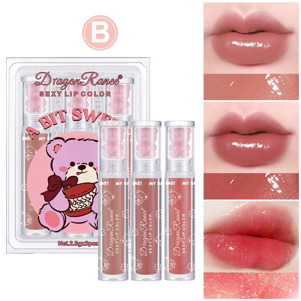 Dragon Rance Bear Lip Gloss 3 Set with a mirror Glossy matte Overlay Moisturizing not easy to fade sexy color Lip Glaze