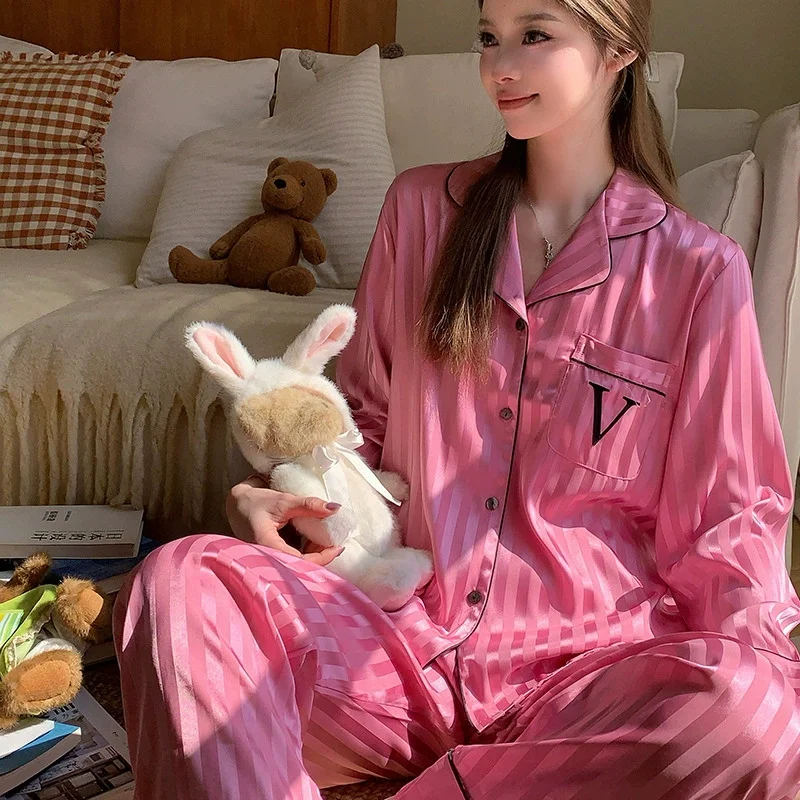 

Ice Silk Satin Pajamas Women Hot Pink Striped Simple Temperament Home Wear 2-Piece Set Long-Sleeved Loungewear Set Sexy Sleepwea