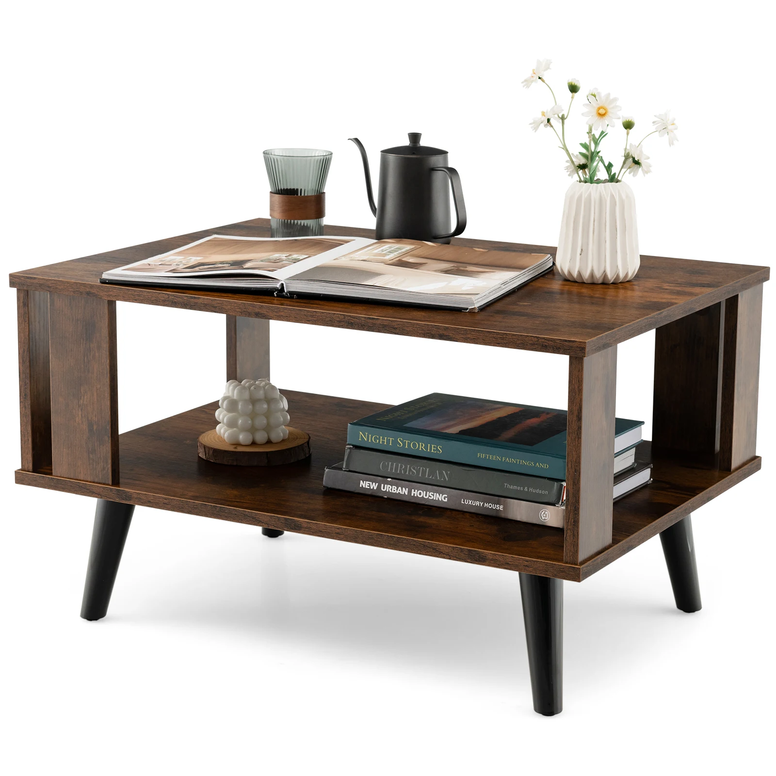 GOFLAME Small Coffee Table for Small Space 2-Tier Wooden Center Table with Open Storage Shelf