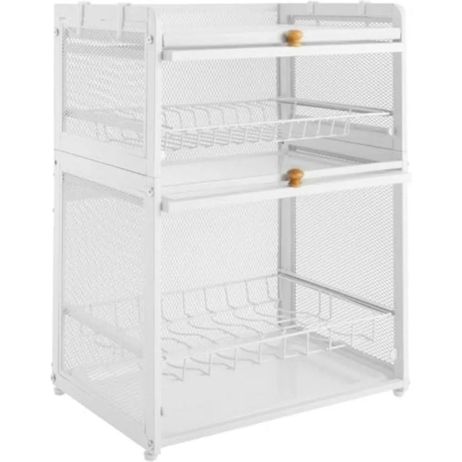 رف تجفيف الأطباق من 3 طبقات مع باب مغناطيسي قابل للطي منظم مطبخ من الفولاذ المقاوم للصدأ مع خطافات جانبية صينية سحب كونترتوب أبيض #1