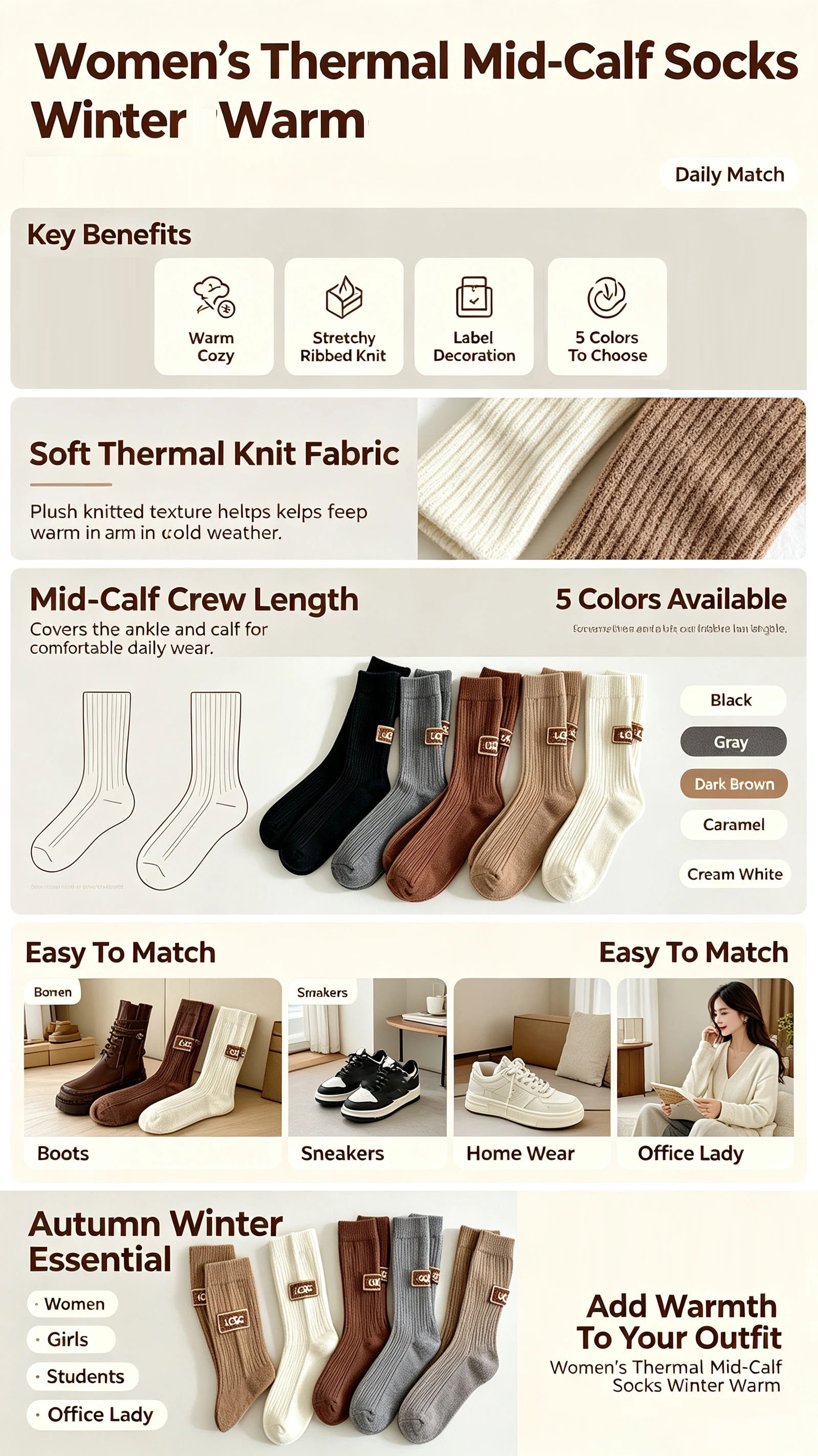 Winterliche, kuschelige, dicke Socken für Damen, mittelhohe, modische Woll-Kaschmir-Socken, warmhaltend, für Schneestiefel, mit flauschigem Etikett, Schuhzubehör, Strümpfe mit Schriftzug. – Detail 1