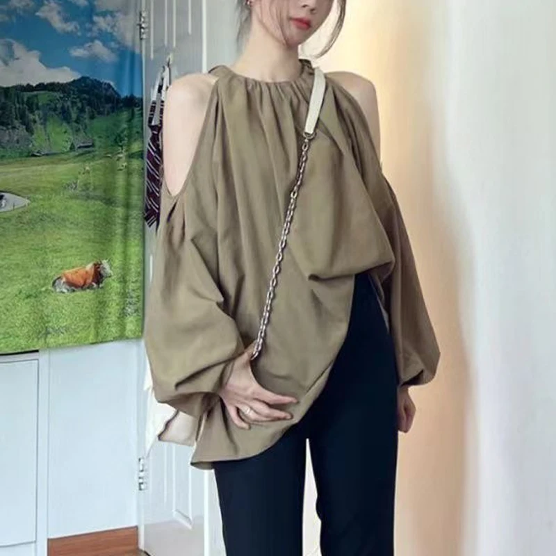 Spring New Round Neck Fashion Lantern Sleeve Blouse Women High Street Solid Color Pullovers Elegant Off Shoulder All-match Tops