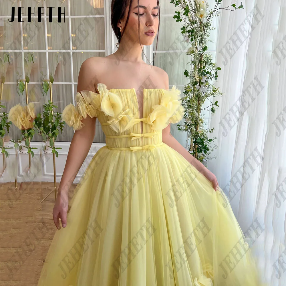 JEHETH V-Neck 3D Flowers Prom Dresses 2024 A-Line Ankle Length Off Shoulder Tulle Yellow Lace Up Formal Party Gowns For Woman