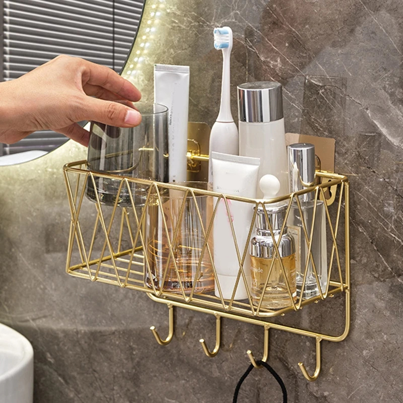 Shower Shelf Organizer Rack Bathroom Shelf No Drill Wall-Mounted Golden Iron Toiletries Storage Rack with Hook for Shampoo Home