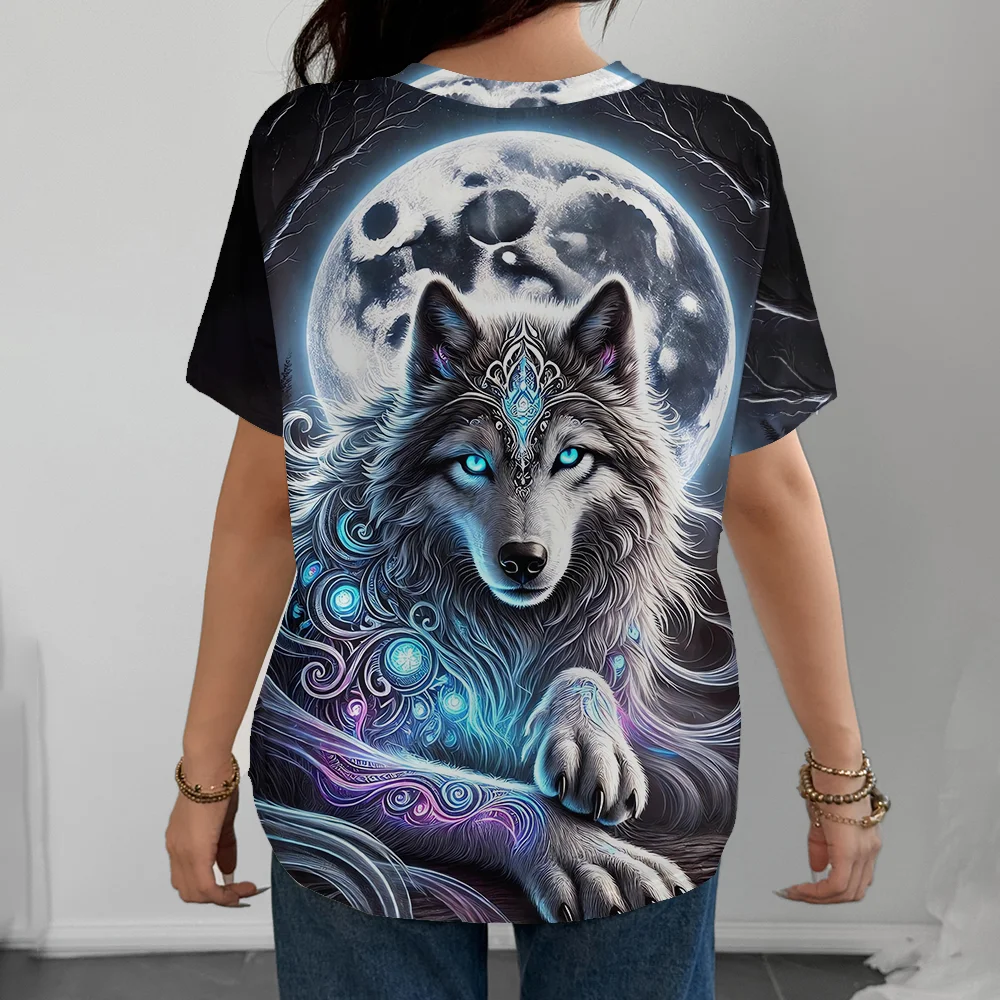 T-shirt col rond femme, imprimé en 3D, motif loup, Hip Hop Street Harajuku Plus Street, manches courtes noires, Streetwear Y2K, nouvelle collection
