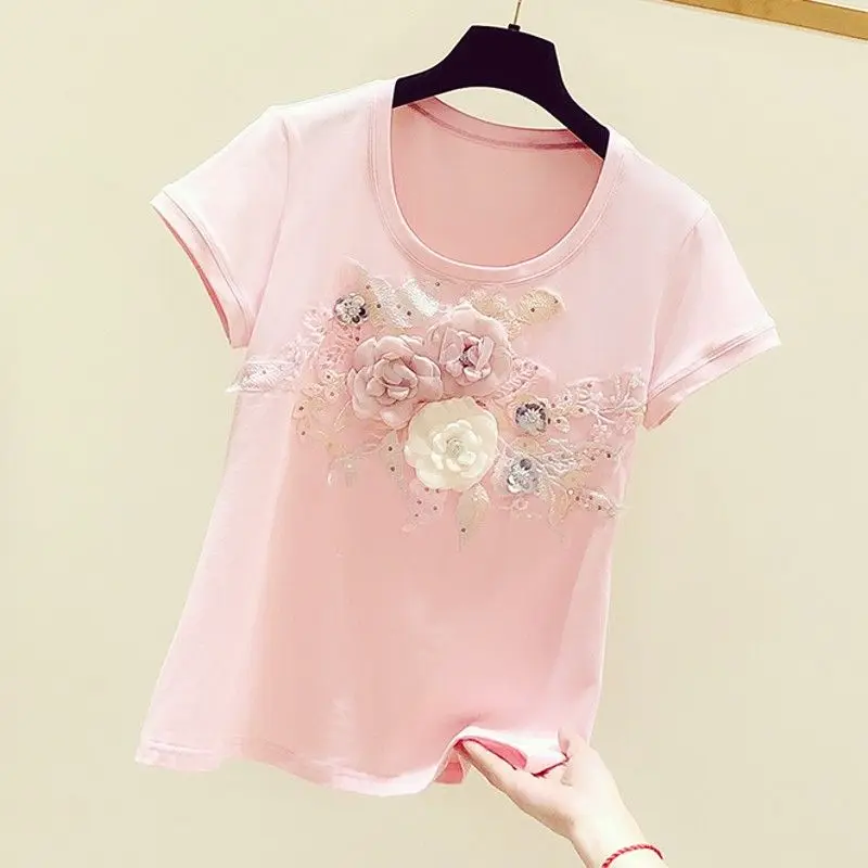 2024 New Summer Women Flower T shirts Puff Sleeve Loose Tee Tops