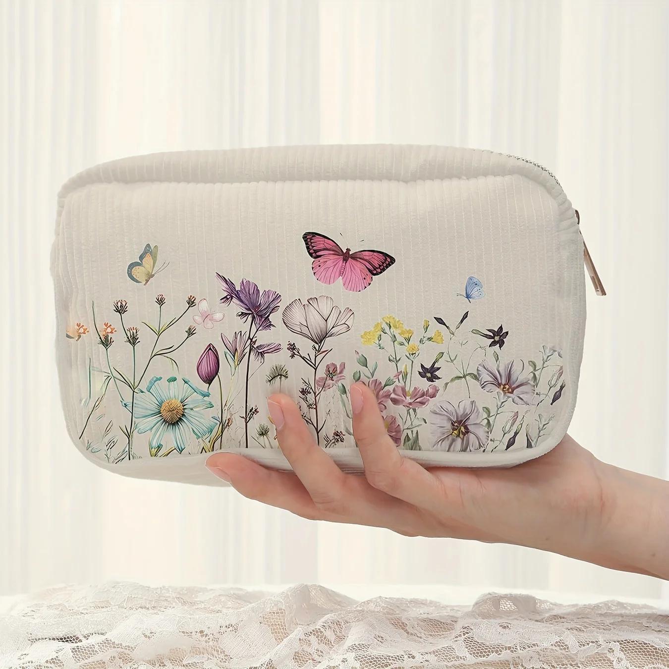 Watercolor Wildflower Butterfly Print Corduroy Makeup Bag Floral Cosmetic Storage Pouch Portable Travel Toiletry Bag Gift