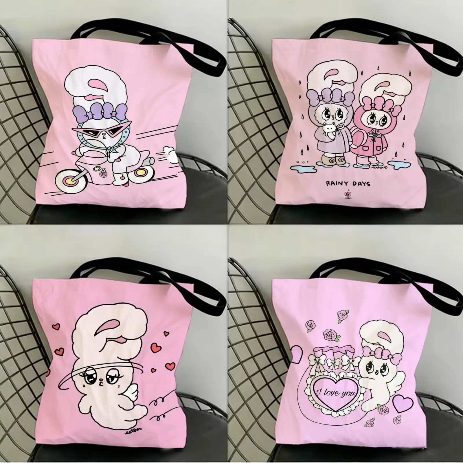 

Cute E-Esther Bunny Pink Storage Bags Canvas Double-Sided Print Shopping Bag Large Capacity Aesthetic Reusable Tote Bag