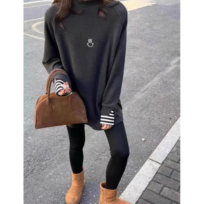 Bottom Shirt Women's Inner Tops Autumn and Winter Loose Smiley Face Grinding Wool Thickened Medium-length Long-sleeved T-shirt